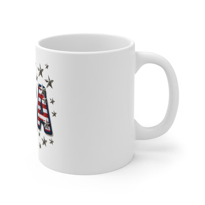 USA Embroidered Patch Style Coffee Mug – Patriotic Stars & Stripes Mug – Vintage Americana Texture Cup – Bold USA Pride Gift 11oz