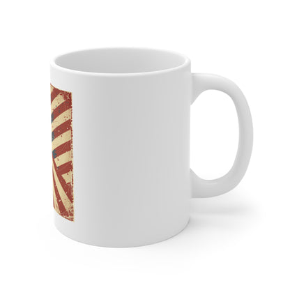 Retro American Flag Sunburst Coffee Mug – Vintage Patriotic USA Mug – Diagonal Stars & Stripes 11oz Ceramic Cup – Unique Americana Gift