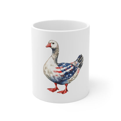 Patriotic Duck Coffee Mug — American Flag Watercolor Goose 11oz