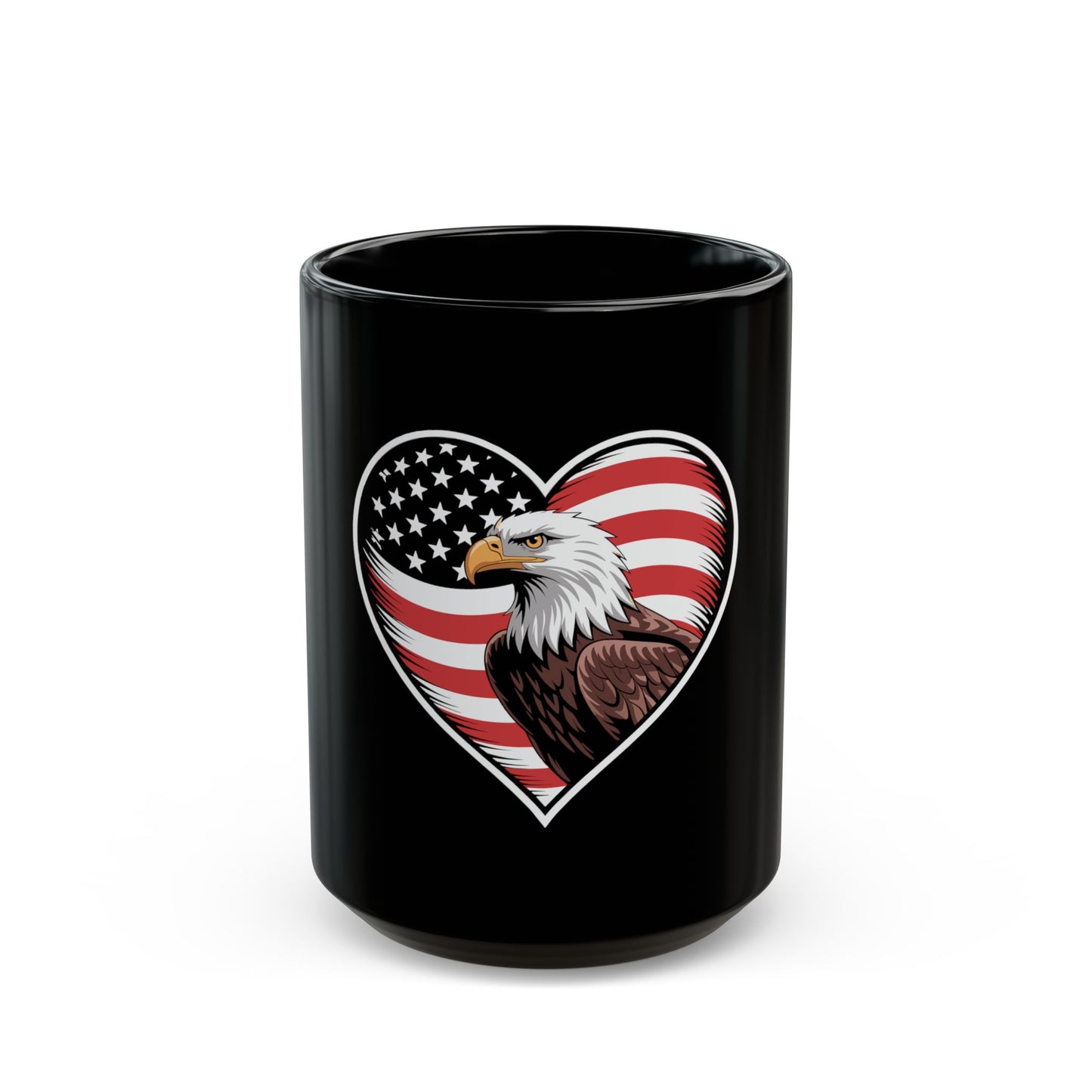 Patriotic Eagle Heart Coffee Mug – American Flag Heart with Bald Eagle – USA Pride Mug – Red White Blue Gift Mug Black Mug (11oz, 15oz)