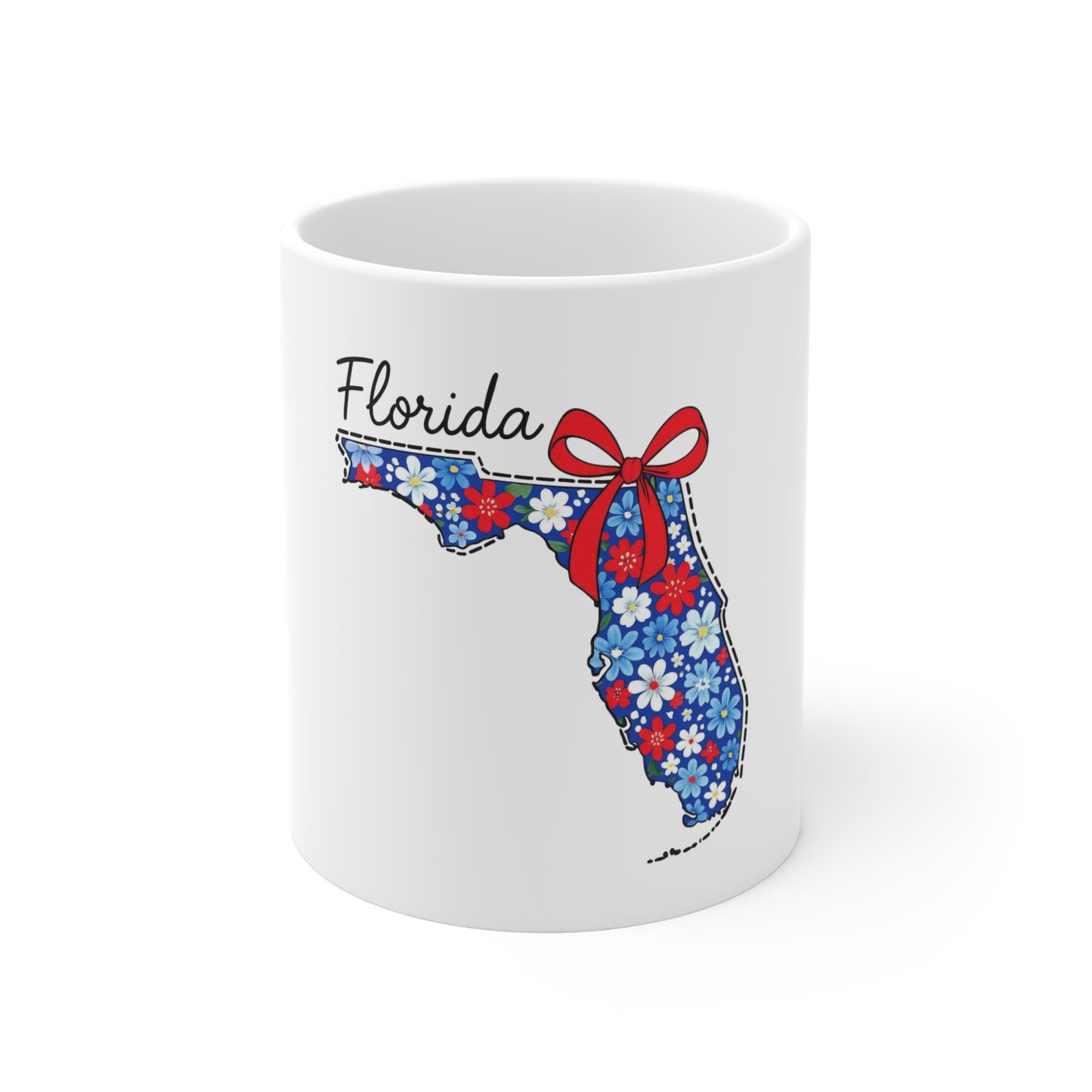 Florida Floral State Map Mug — 11oz Patriotic Red & Blue Bow Coffee Cup