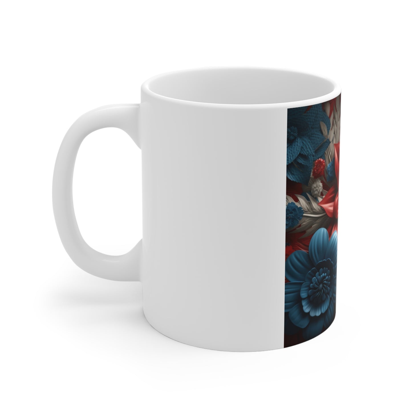 Patriotic 3D Red Blue Flower Coffee Mug – Sculpted Americana Floral Mug – Bold Modern Botanical Cup – Premium Statement Mug Floral Elegance 11oz Coffee Mug — Red & Blue Botanical Pattern