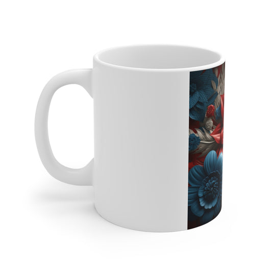 Patriotic 3D Red Blue Flower Coffee Mug – Sculpted Americana Floral Mug – Bold Modern Botanical Cup – Premium Statement Mug Floral Elegance 11oz Coffee Mug — Red & Blue Botanical Pattern
