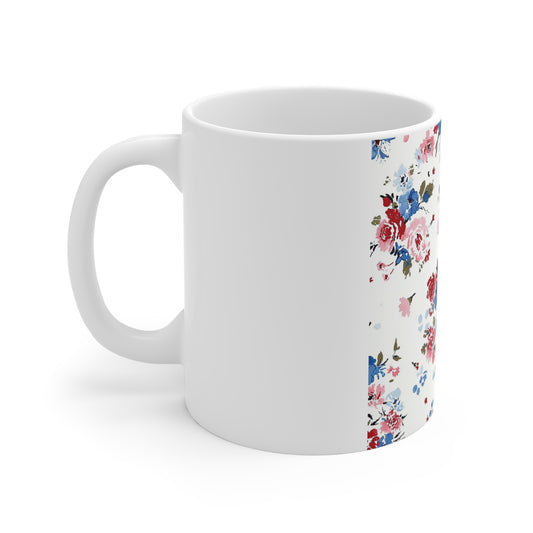 Patriotic Rose Floral Coffee Mug – Red White Blue Vintage Rose Mug – Americana Cottage Garden Mug – Classic Bloom USA Cup Floral Vintage Rose 11oz Mug – Classic Cottagecore Tea Coffee Cup