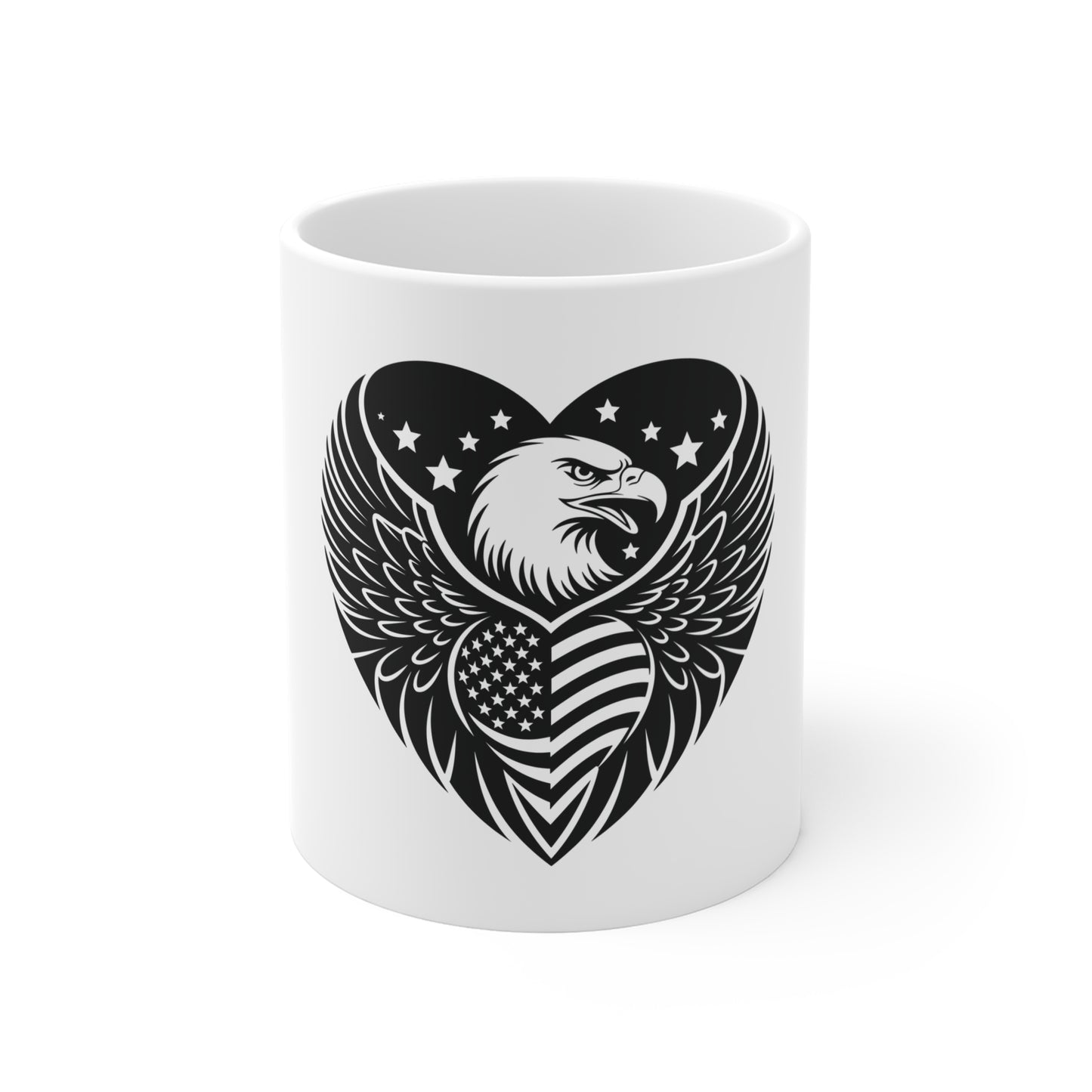 Black Eagle Heart Flag Mug – Stealth Patriotic Eagle Coffee Mug – Minimalist USA Heart Flag Cup – Tactical Freedom Mug Mug 11oz