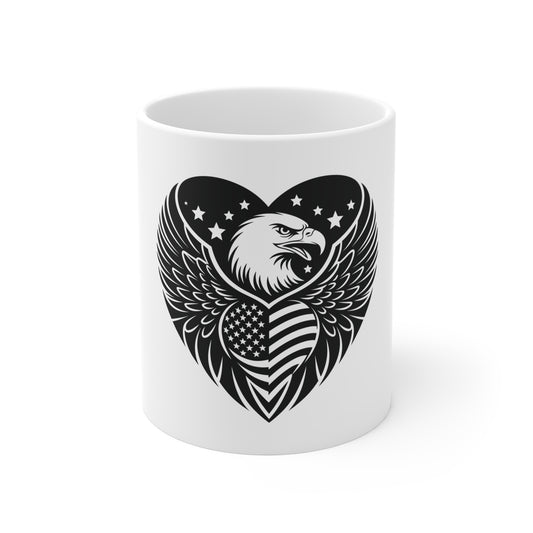 Black Eagle Heart Flag Mug – Stealth Patriotic Eagle Coffee Mug – Minimalist USA Heart Flag Cup – Tactical Freedom Mug Mug 11oz