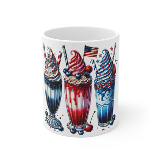 Patriotic Milkshake Trio Coffee Mug – Red White Blue Dessert Mug – 4th of July Americana Drink Cup – Vintage Diner Style Trio Mug 11oz Mug - Patriotic Red White & Blue Ice Cream Milkshake Design, 4th...
