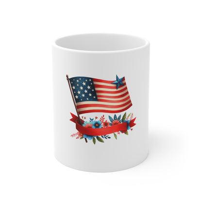 Patriotic American Flag Mug — Stars & Stripes Floral 11oz