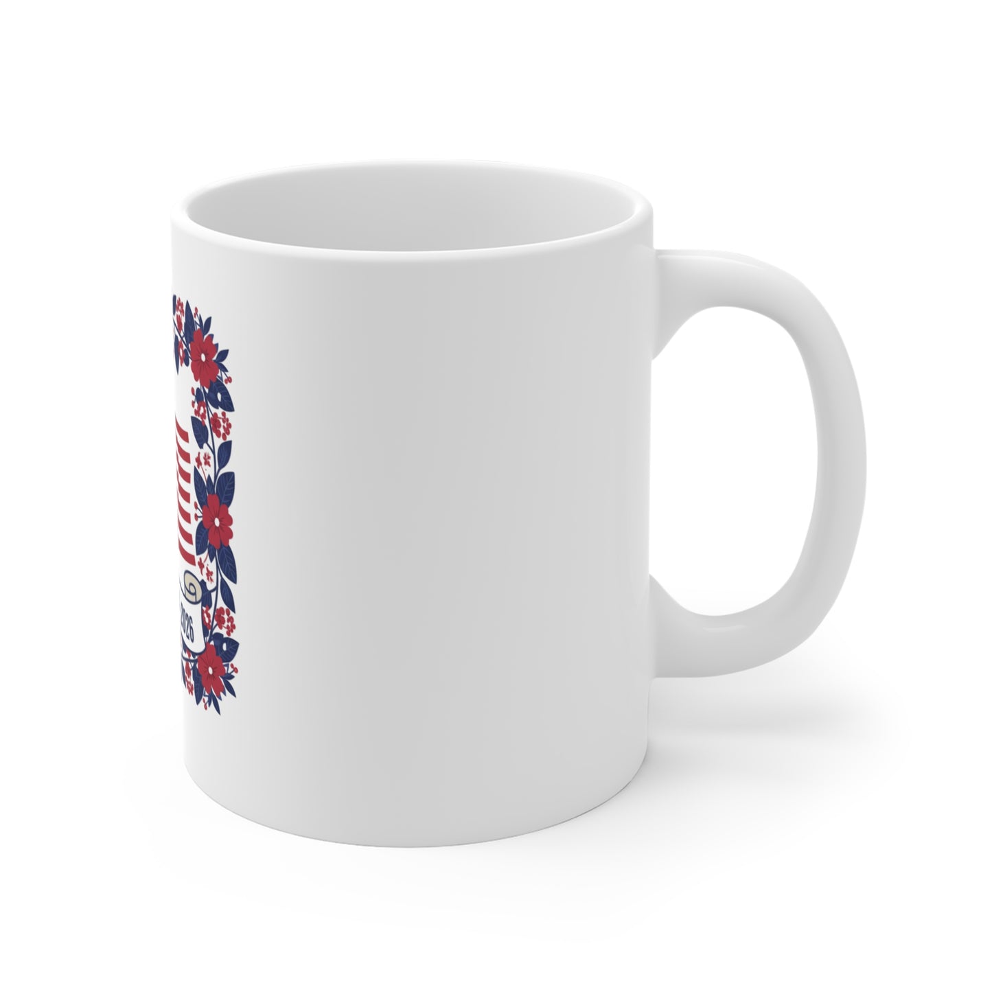 Patriotic Floral USA Flag Coffee Mug – Freedom 1776–2026 Mug – American Flag Wreath Cup – Fourth of July Gift Mug 11oz
