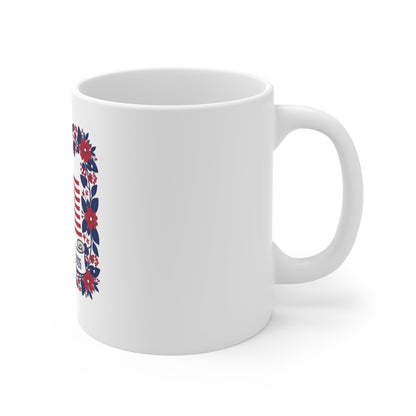 Patriotic Floral USA Flag Coffee Mug – Freedom 1776–2026 Mug – American Flag Wreath Cup – Fourth of July Gift Mug 11oz