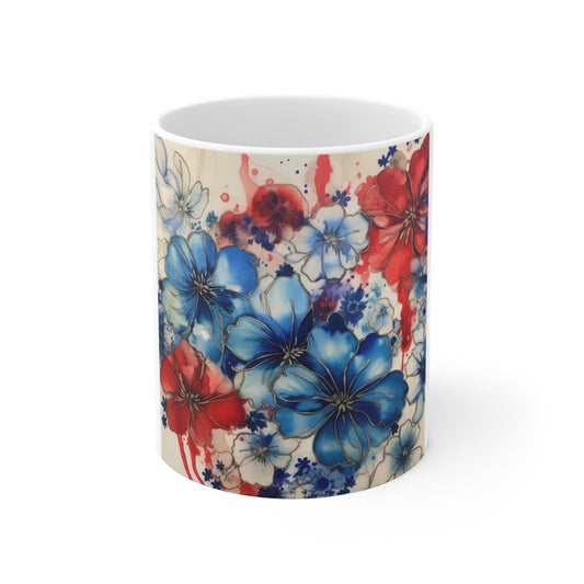 Elegant Patriotic Floral Coffee Mug – Red Blue Botanical Mug – Refined Watercolor Flower Cup – Premium Americana Art Mug Patriotic Watercolor Floral Mug – Red, White & Blue Flower Coffee Cup (11oz...