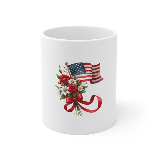 American Flag Floral Mug – Patriotic Bouquet 11oz Coffee Cup
