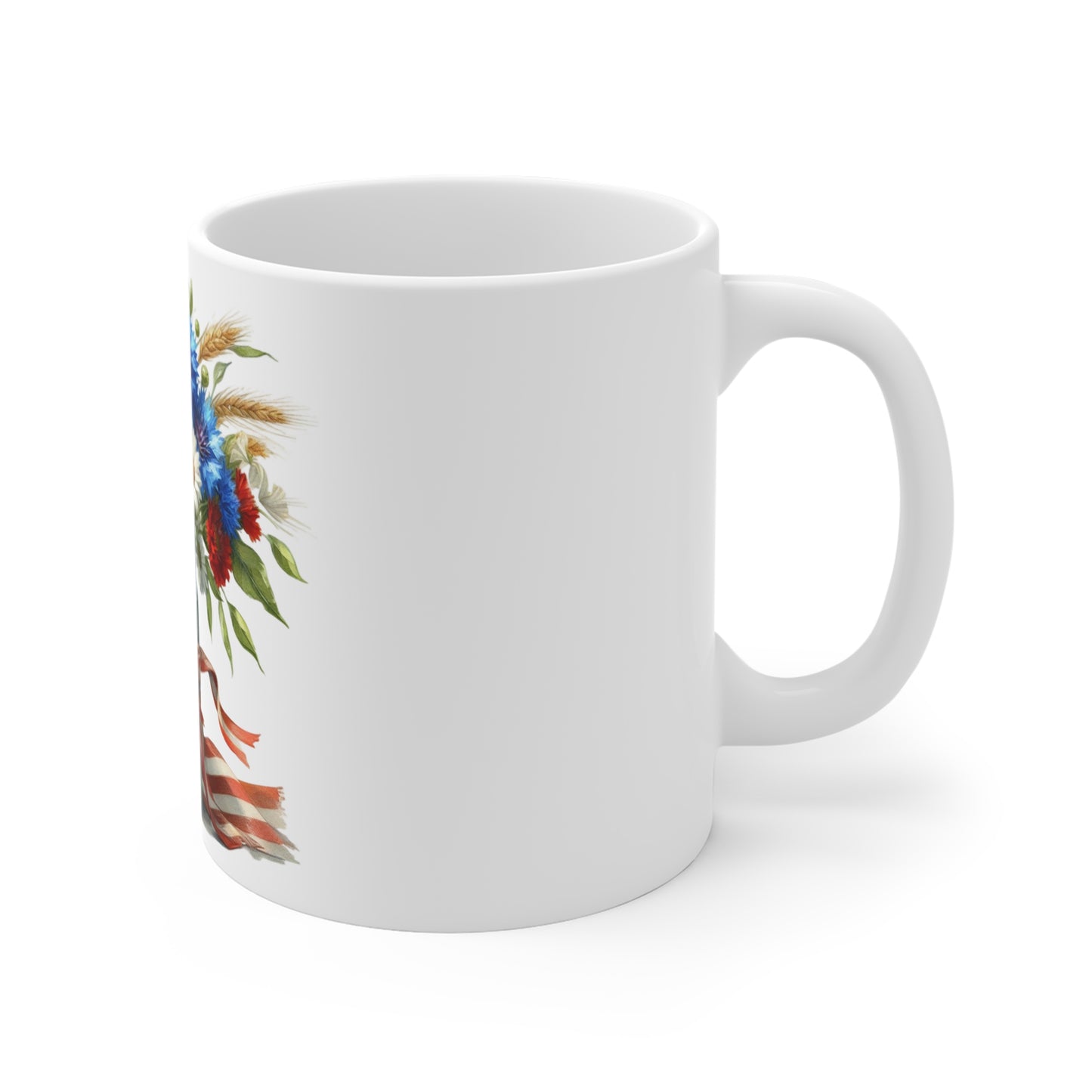 Patriotic Sunflower Mason Jar Coffee Mug – Red White Blue Wildflower Bouquet Mug – Americana Farmhouse Floral Cup – Rustic Gift Mug  Wildflower Bouquet Mug — Sunflower & Flag Ribbon 11oz