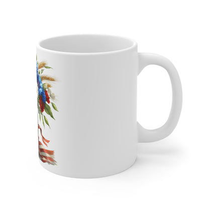 Patriotic Sunflower Mason Jar Coffee Mug – Red White Blue Wildflower Bouquet Mug – Americana Farmhouse Floral Cup – Rustic Gift Mug  Wildflower Bouquet Mug — Sunflower & Flag Ribbon 11oz