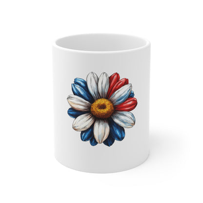 11oz Patriot Daisy Mug — Red, White & Blue Floral Coffee Cup