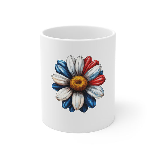 11oz Patriot Daisy Mug — Red, White & Blue Floral Coffee Cup