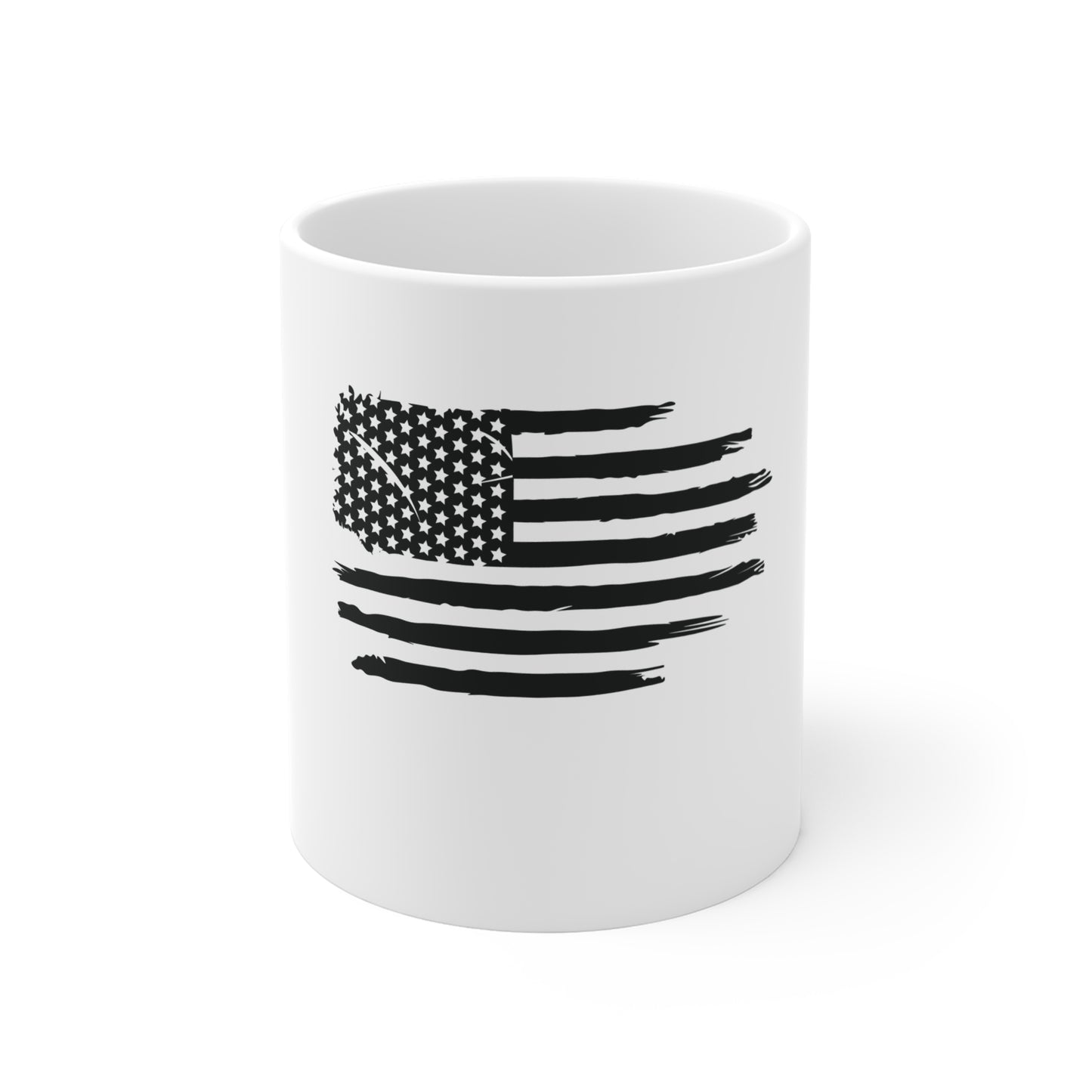 Blacked-Out Distressed American Flag Coffee Mug – Horizontal Grunge USA Flag Mug – Minimalist Patriotic Cup – Subtle Stealth Flag Design Mug 11oz