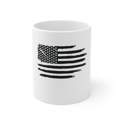 Blacked-Out Distressed American Flag Coffee Mug – Horizontal Grunge USA Flag Mug – Minimalist Patriotic Cup – Subtle Stealth Flag Design Mug 11oz