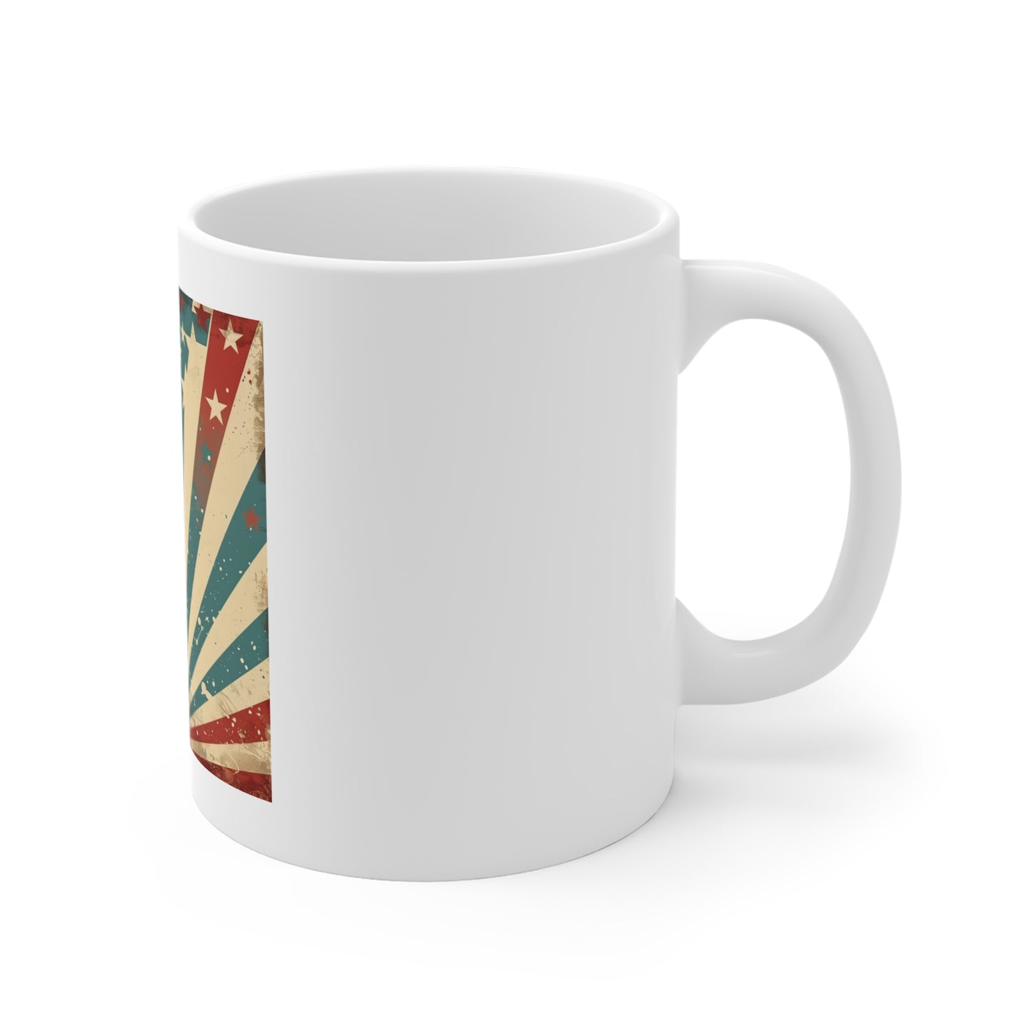 Retro Patriotic Starburst Coffee Mug – Vintage USA Stars & Stripes Mug – American Flag Inspired 11oz Ceramic Cup – Unique Americana Gift