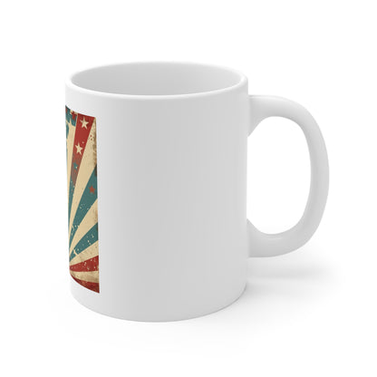 Retro Patriotic Starburst Coffee Mug – Vintage USA Stars & Stripes Mug – American Flag Inspired 11oz Ceramic Cup – Unique Americana Gift