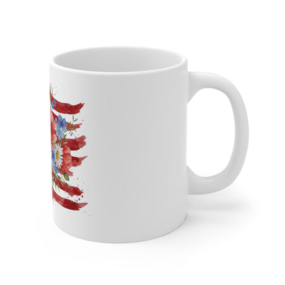 Patriotic Floral Flag Mug — American Flag with Poppies & Daisies 11oz