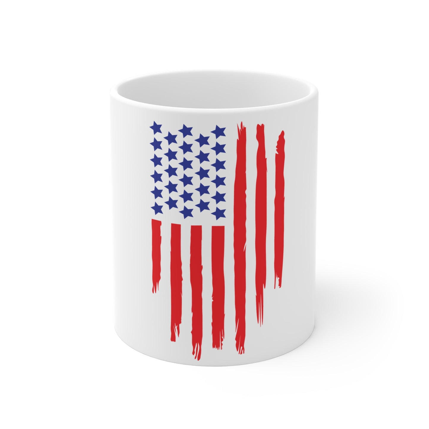 Distressed Vertical American Flag Coffee Mug – Drip Stripe USA Flag Mug – Bold Patriotic Cup – Red White Blue Gift Mug 11oz