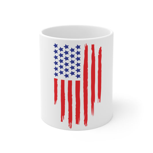 Distressed Vertical American Flag Coffee Mug – Drip Stripe USA Flag Mug – Bold Patriotic Cup – Red White Blue Gift Mug 11oz