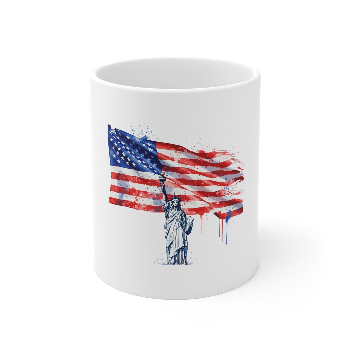 Liberty Statue & Watercolor American Flag Mug — Patriotic 11oz Coffee Cup for 4th of July, Veterans Day, Gifts