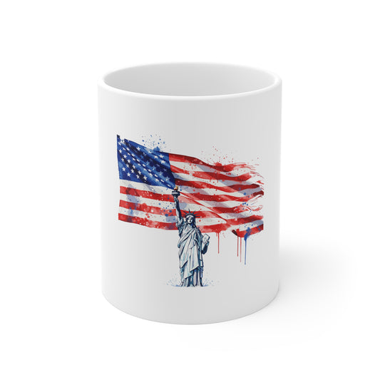 Liberty Statue & Watercolor American Flag Mug — Patriotic 11oz Coffee Cup for 4th of July, Veterans Day, Gifts