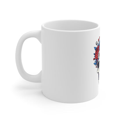 Floral Skull Ceramic Mug — Day of the Dead Skull with Red & Blue Roses (11oz)