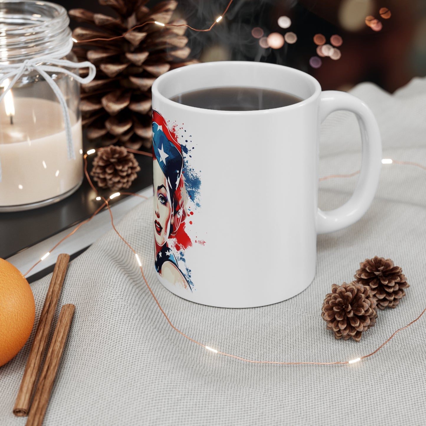 Patriotic Pin Up Headband Mug – Americana Retro Woman Coffee Mug – Red White Blue Vintage Portrait Cup – USA Pin Up Art Mug – Gift for Her Patriotic Pinup Mug — Vintage Rosie-Inspired 11oz Coffee Cup...