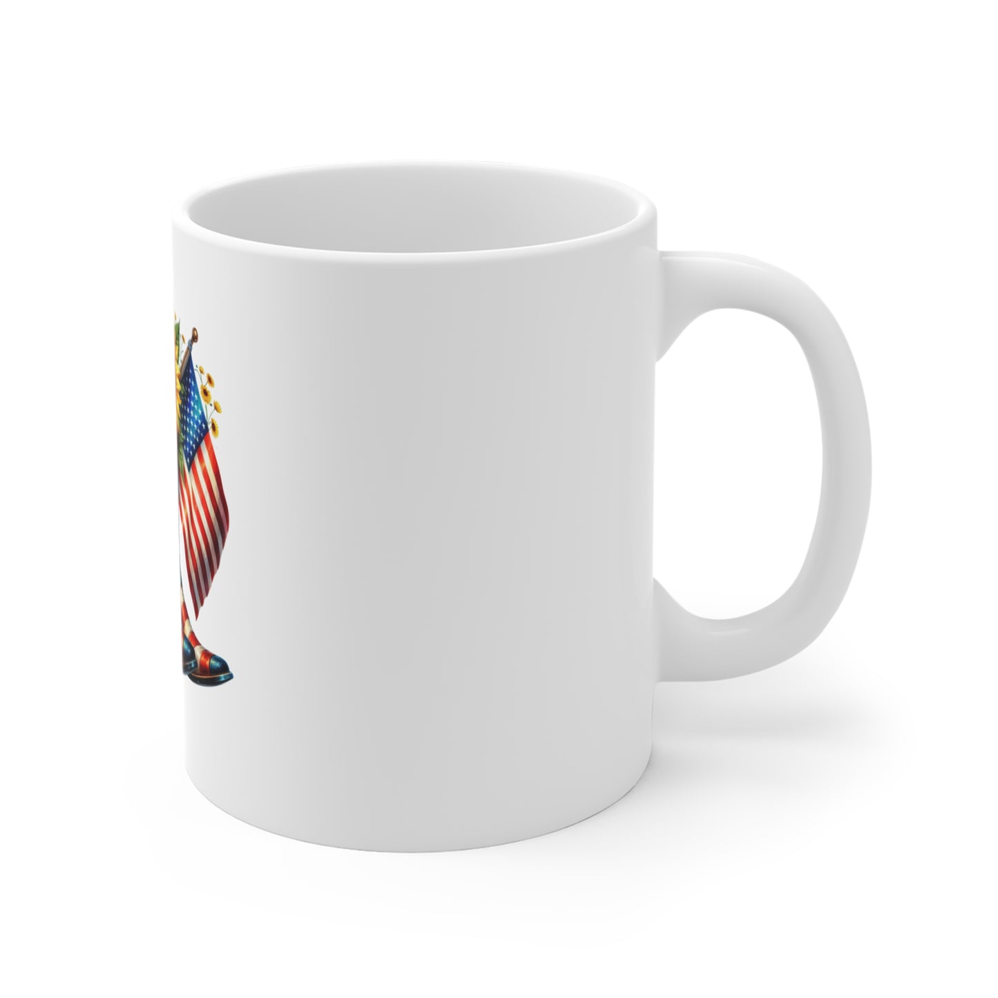 American Flag Cowboy Boots Mug — Sunflowers, Roses & Patriotic Design (11oz)