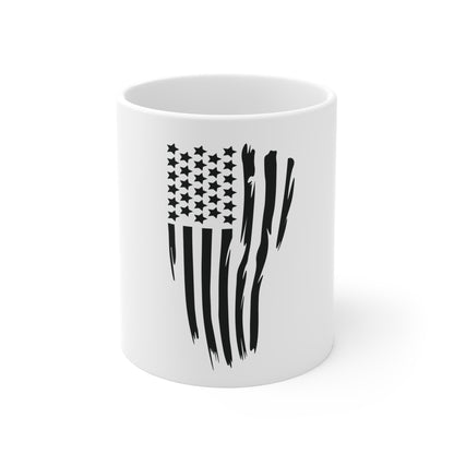 Black Vertical Distressed American Flag Coffee Mug – Split Stripe USA Flag Mug – Stealth Patriotic Cup – Modern Americana Gift Mug 11oz