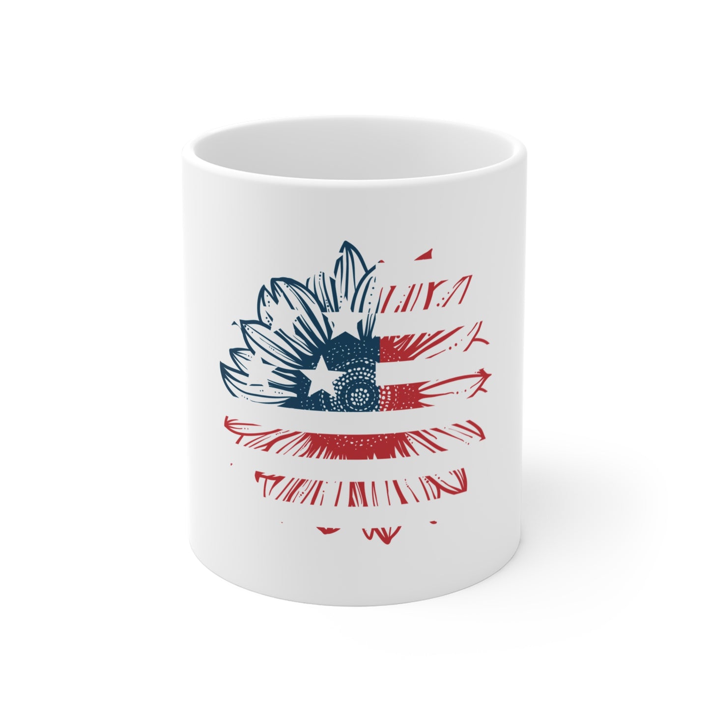 Patriotic Sunflower Coffee Mug – Distressed American Flag Floral Mug – USA Rustic Flower Design – Red White Blue Gift Mug 11oz