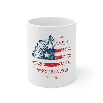 Patriotic Sunflower Coffee Mug – Distressed American Flag Floral Mug – USA Rustic Flower Design – Red White Blue Gift Mug 11oz