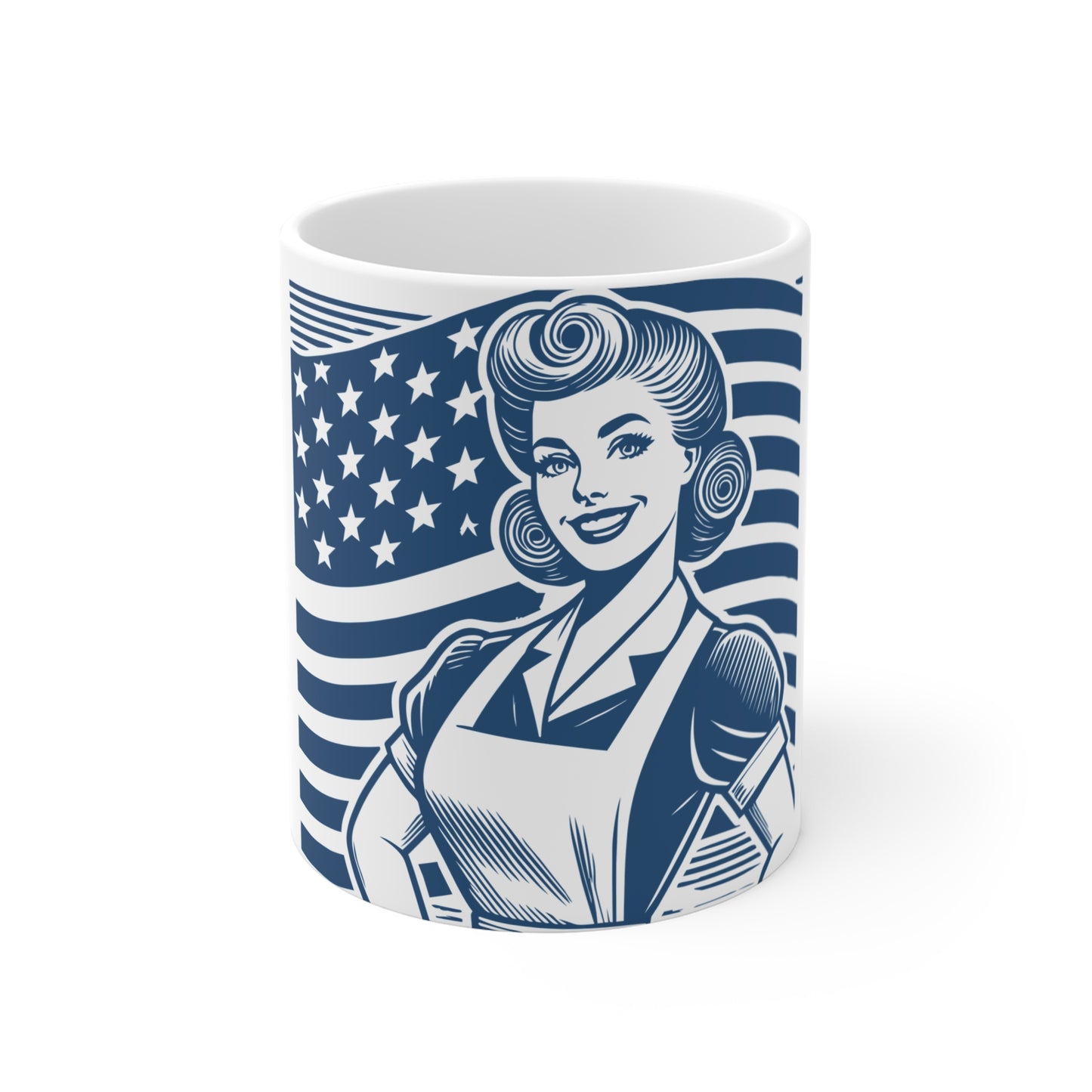 Patriotic American Woman Coffee Mug – Vintage Rosie Style USA Mug – Strong Female Americana Mug – Retro Patriotic Woman Gift – Empowered Woman Cup Mug 11oz