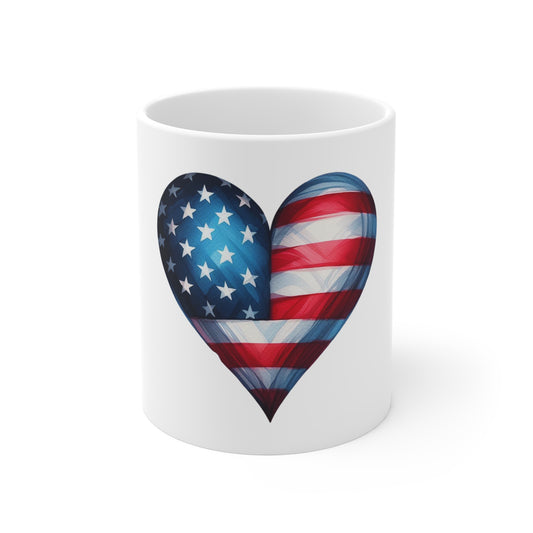 Patriotic Heart Coffee Mug – American Flag Heart Mug – Watercolor USA Love Cup – Red White Blue Heart Mug  11oz