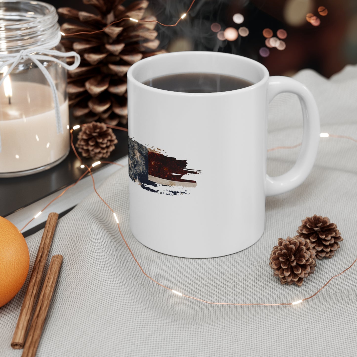 Distressed USA Flag Brush Stroke Mug – Vintage American Flag Coffee Cup – Soft Worn Patriotic Design Mug 11oz