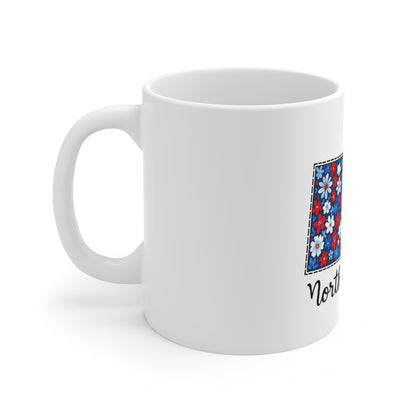 North Dakota Floral State Map Mug — 11oz Red & Blue Daisy Coffee Cup