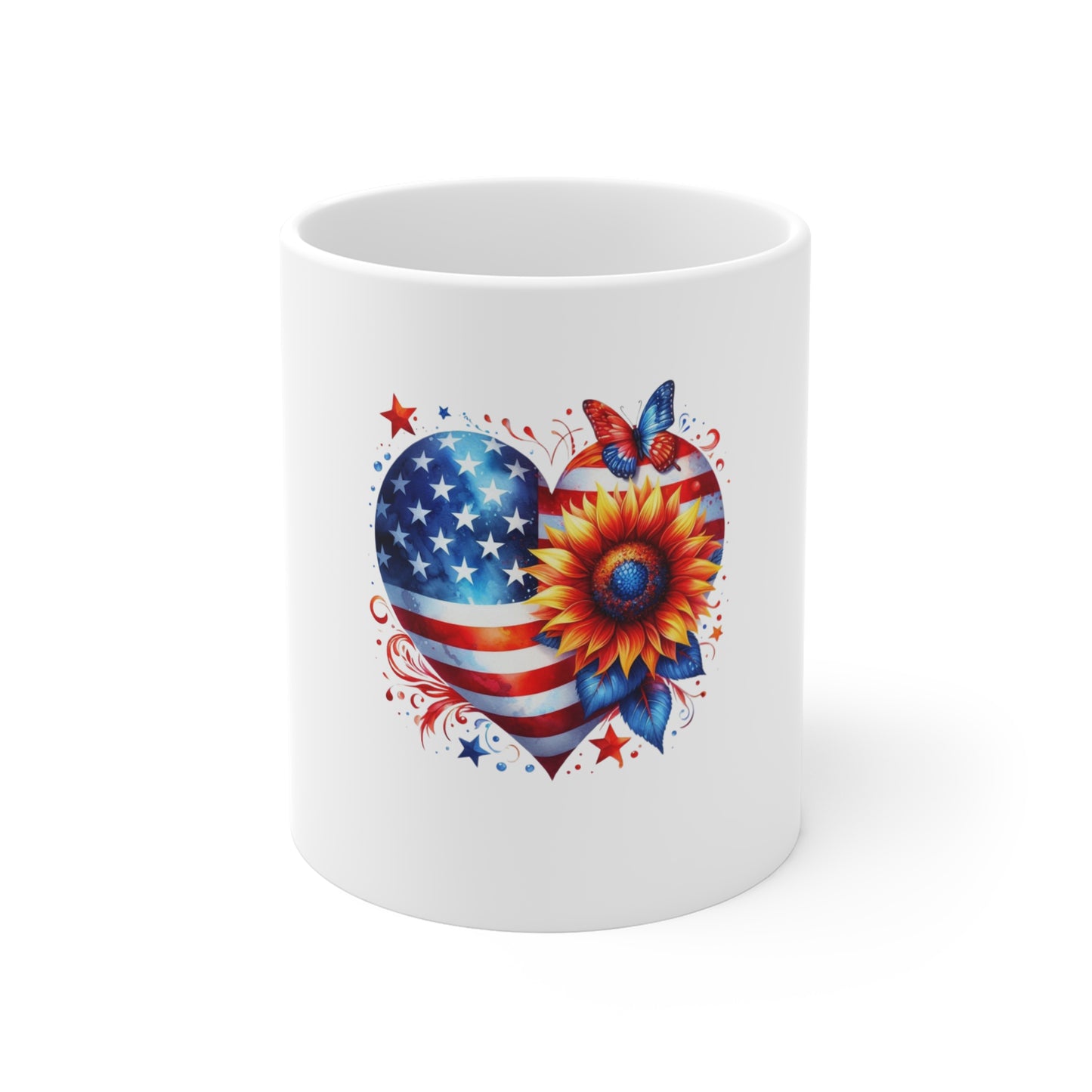 Patriotic Heart Sunflower 11oz Mug — American Flag Coffee Cup for Fourth of July & Veteran Gifts