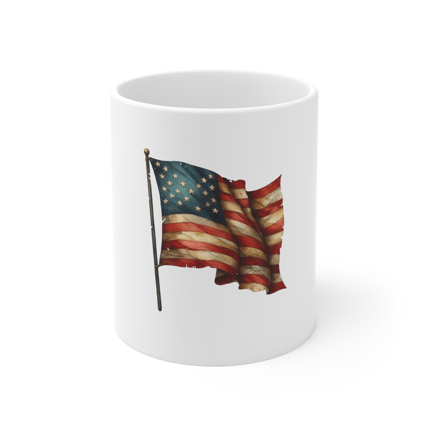 American Flag 11oz Ceramic Mug — Vintage USA Patriotic Coffee Cup for Independence Day & Everyday