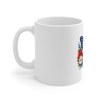 American Flag Butterfly Mug — Patriotic Red White Blue Floral 11oz Coffee Cup