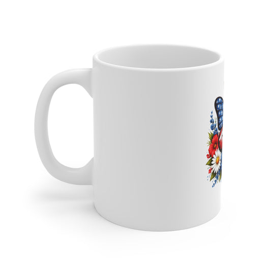 American Flag Butterfly Mug — Patriotic Red White Blue Floral 11oz Coffee Cup