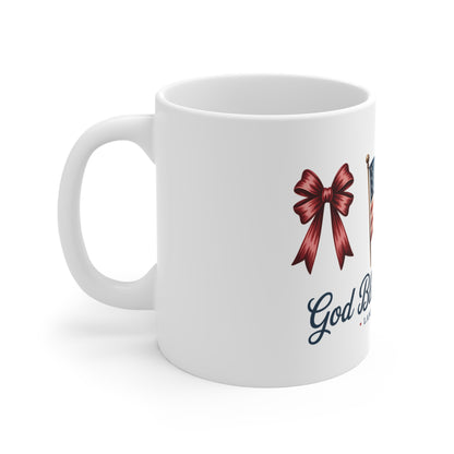 God Bless America 11oz Mug — Patriotic Flag & Ribbon Coffee Cup