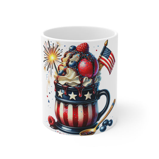 Patriotic Sundae Explosion Coffee Mug – 4th of July Ice Cream Mug – Red White Blue Dessert Cup with Fireworks & Flag Patriotic 4th of July Mug — American Flag Dessert Illustration (11oz)