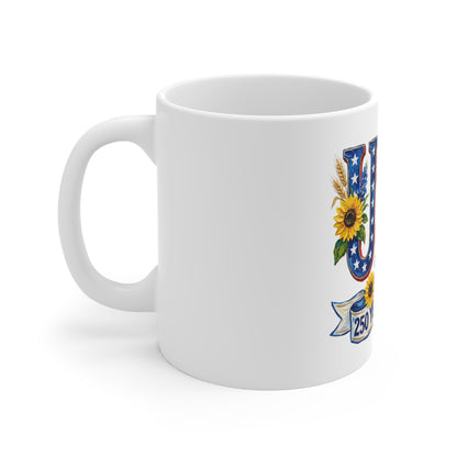 USA 250 Years of Freedom 11oz Coffee Mug — Patriotic Sunflower Flag Design