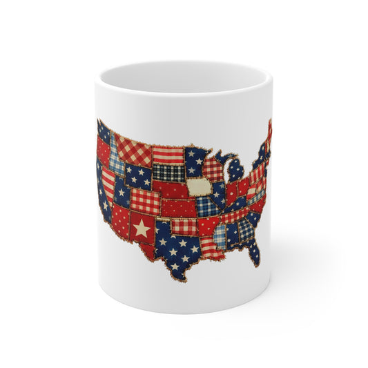 Patriotic USA Patchwork Mug - 11oz American Flag Map Coffee Cup