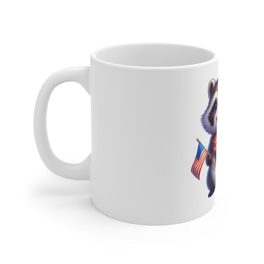 Cute Patriotic Raccoon Coffee Mug – American Flag Raccoon Mug – Red White Blue Animal Cup – Adorable USA Gift Mug 11oz