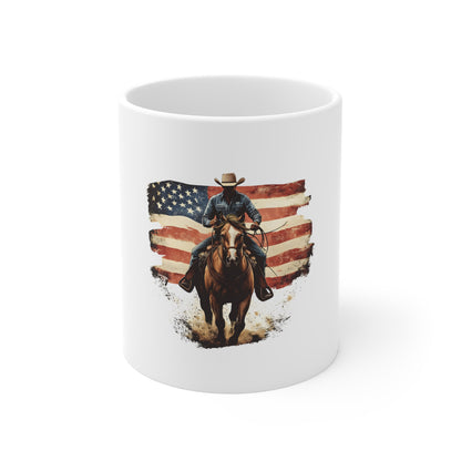 Cowboy on Horse with American Flag Mug — Patriotic Western 11oz Coffee Cup