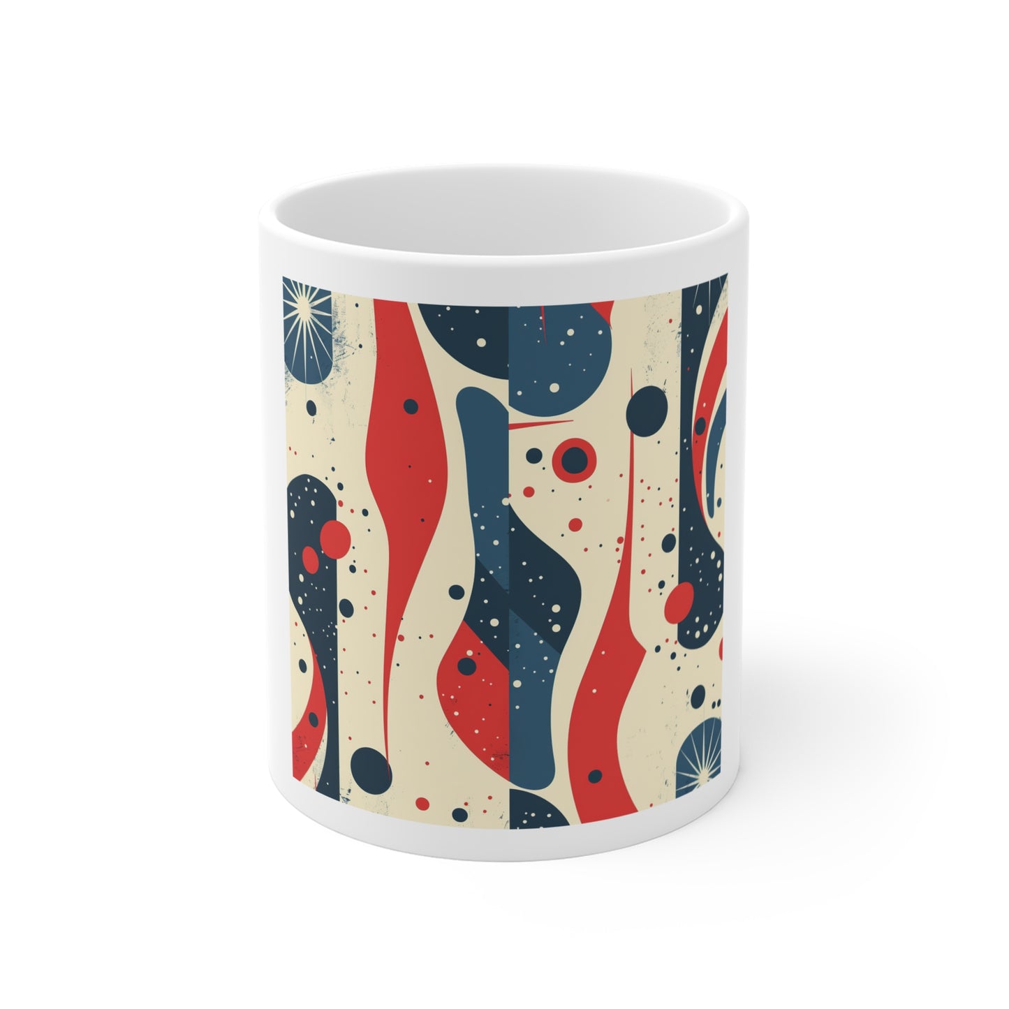 Abstract Patriotic Coffee Mug – Red White Blue Modern Art Mug – Retro Americana Pattern Mug – Mid Century Style Patriotic Cup Abstract Retro Waves Ceramic Mug — Mid-Century Modern 11oz Coffee Cup...